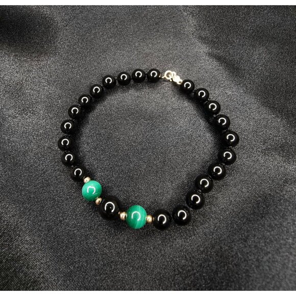 Vintage 14K Gold Hong Kong Signed Onyx & Malachite Beaded Bracelet - Picture 2 of 6